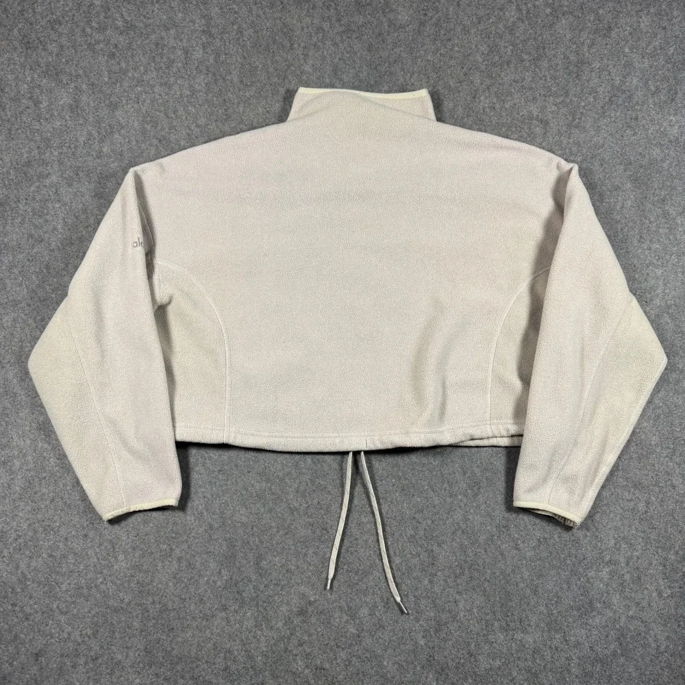 Alo Yoga Fleece Pullover Womens L Bone Quarter Zip Cropped Drawstring Sweatshirt